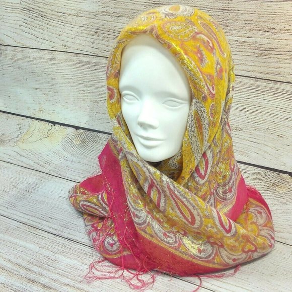 Women Scarf Soft Silky Shawl Wrap Paisley Stole Head Cover Veil Gold Pink Gift - Picture 8 of 12